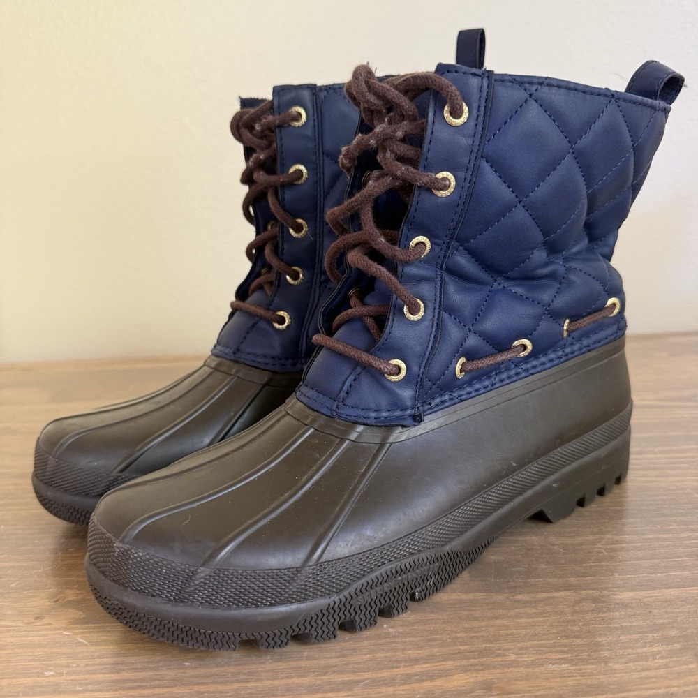 Sperry Womens 8 Brown Blue Quilted‎ Lace Up Waterproof Rubber Rain Winter Boots